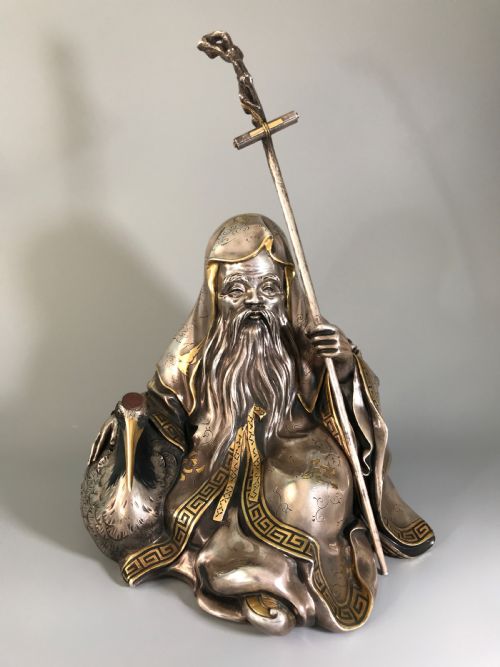 antique japanese silver figure of jurojin - CATEGORY: ANTIQUE SCULPTURES - DATED 1890