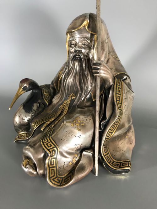ANTIQUE JAPANESE SILVER FIGURE OF JUROJIN - ADDITIONAL PHOTO 10