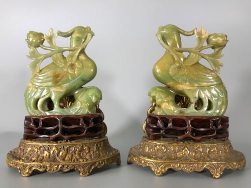 pair chinese nephritejade phoenix birds - CATEGORY: ANTIQUE SCULPTURES - DATED 1920