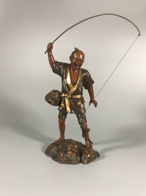japanese bronze okimono of a fisherman - CATEGORY: ANTIQUE SCULPTURES - DATED 1900
