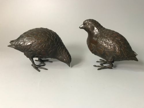 Charming Pair of Japanese Bronze Quails.