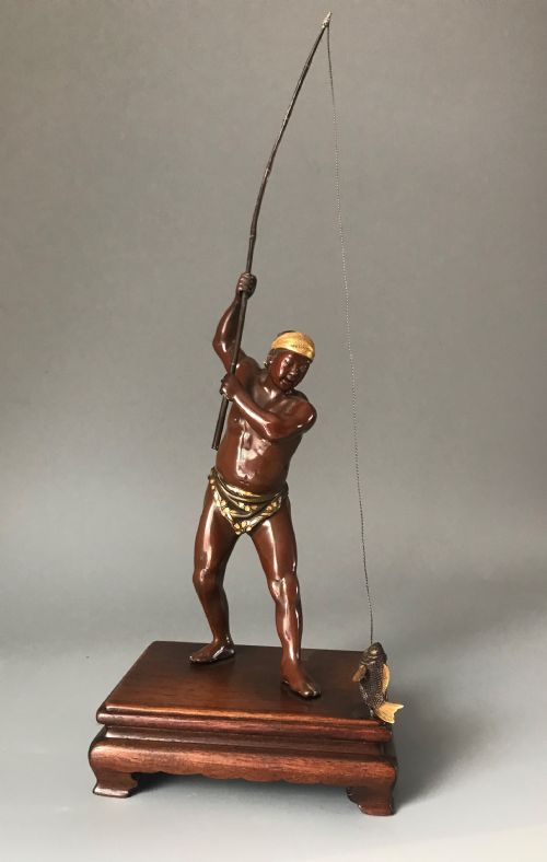 japanese inlaid bronze of a fisherman - CATEGORY: ANTIQUE SCULPTURES - DATED 1890
