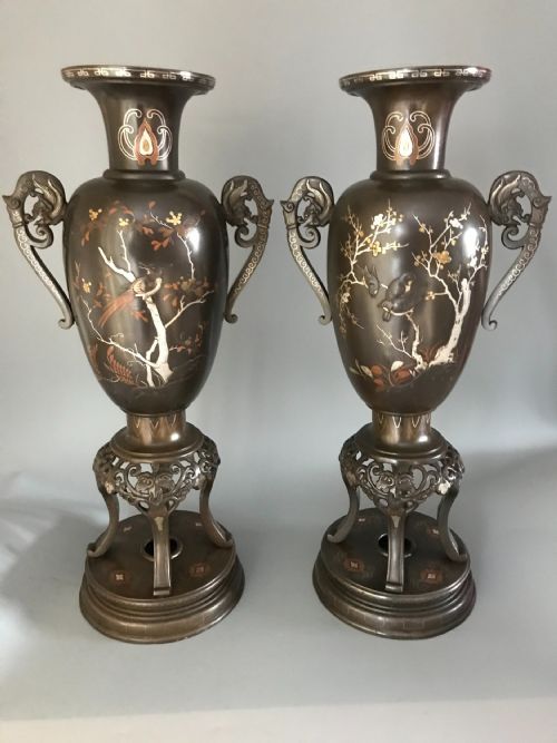 LARGE PAIR JAPANESE INLAID BRONZE VASES - ADDITIONAL PHOTO 2