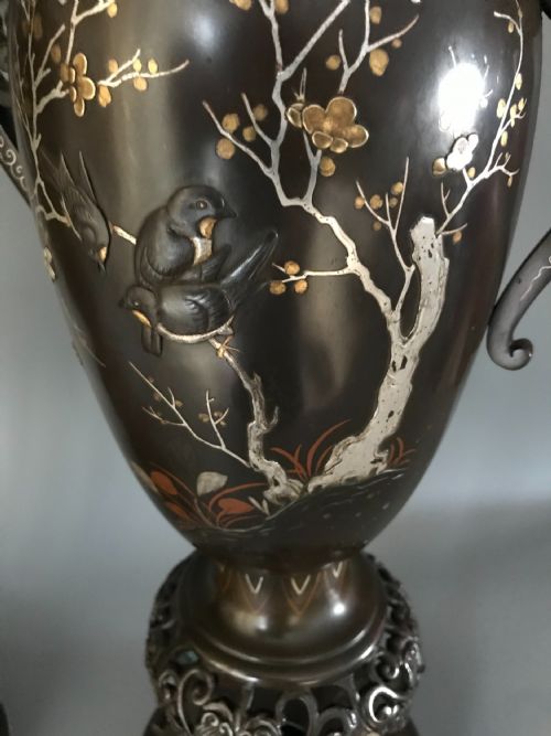 LARGE PAIR JAPANESE INLAID BRONZE VASES - ADDITIONAL PHOTO 1