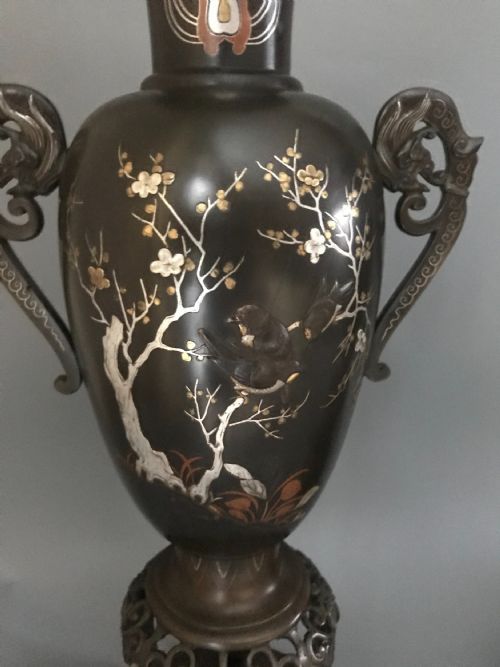 LARGE PAIR JAPANESE INLAID BRONZE VASES - ADDITIONAL PHOTO 6
