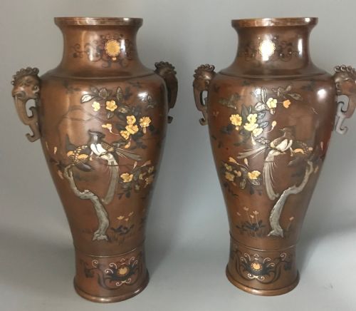 very large pair antique japanese inlaid bronze vases - CATEGORY: ANTIQUE METAL - DATED 1890