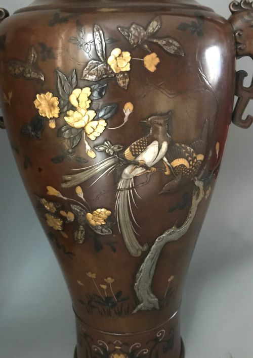 VERY LARGE PAIR ANTIQUE JAPANESE INLAID BRONZE VASES - ADDITIONAL PHOTO 1