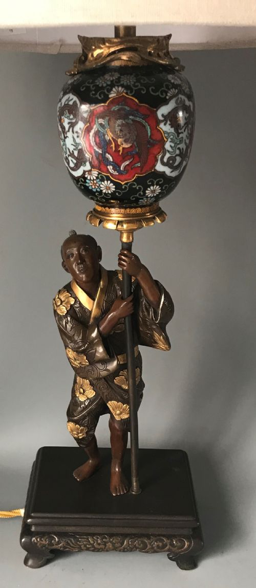 antique japanese bronze and cloisonne lamp - CATEGORY: ANTIQUE LIGHTING - DATED 1910