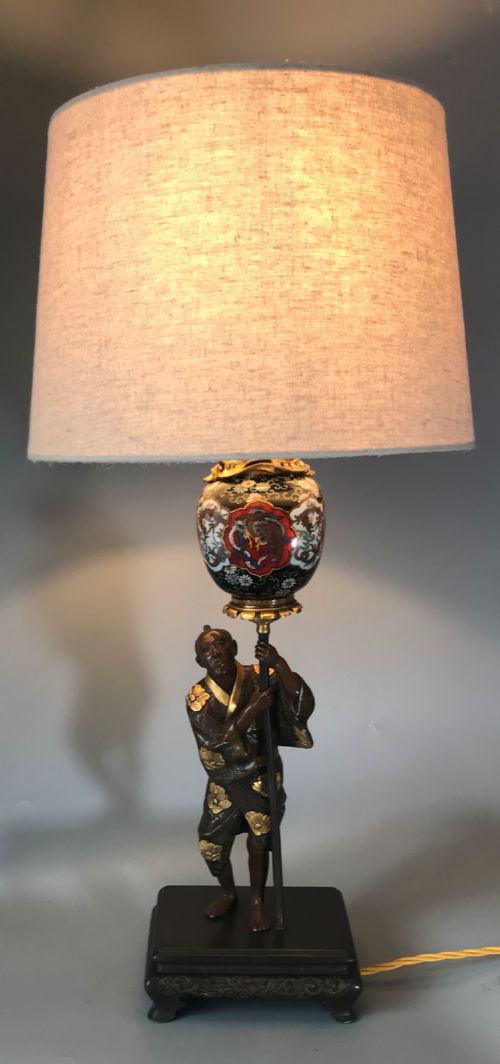 ANTIQUE JAPANESE BRONZE AND CLOISONNE LAMP - ADDITIONAL PHOTO 5