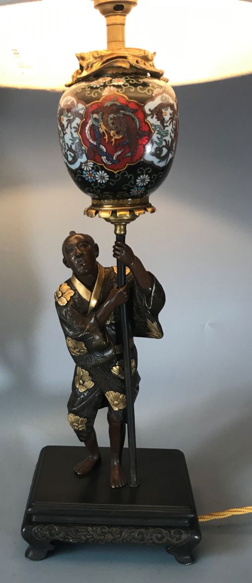 ANTIQUE JAPANESE BRONZE AND CLOISONNE LAMP - ADDITIONAL PHOTO 6