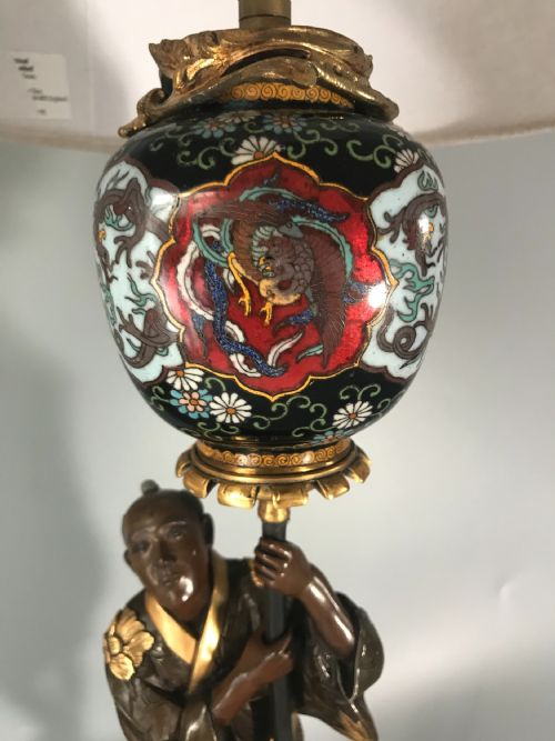 ANTIQUE JAPANESE BRONZE AND CLOISONNE LAMP - ADDITIONAL PHOTO 1