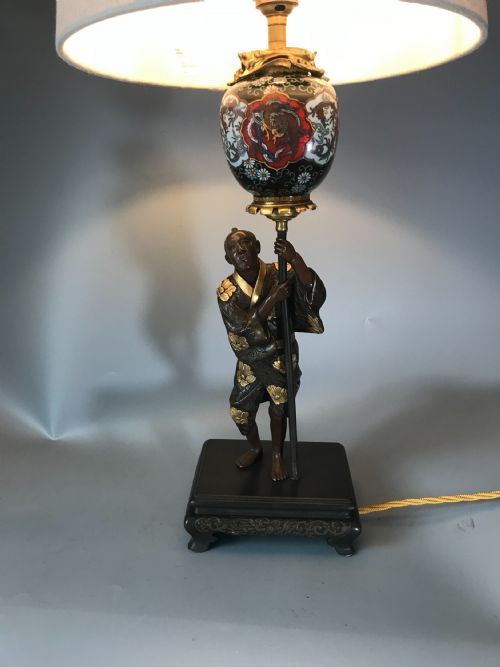 ANTIQUE JAPANESE BRONZE AND CLOISONNE LAMP - ADDITIONAL PHOTO 7