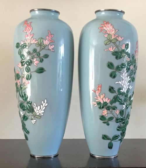 PAIR ANTIQUE JAPANESE MORIAGE CLOISONNE VASES - ADDITIONAL PHOTO 5