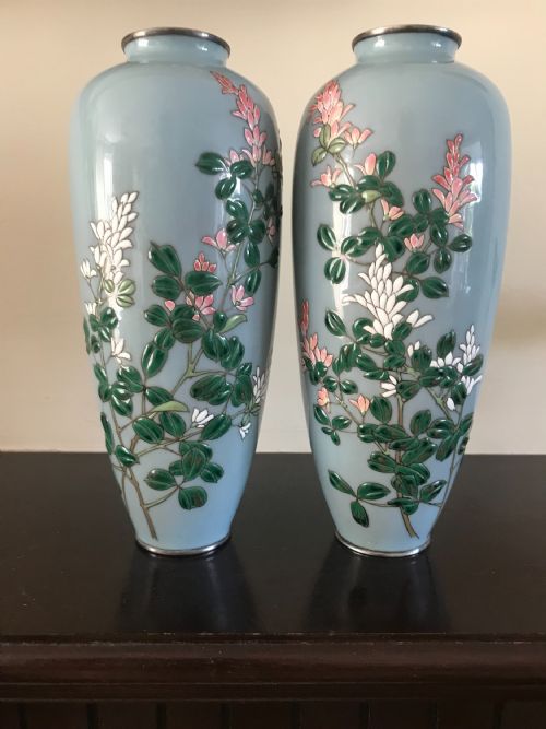 PAIR ANTIQUE JAPANESE MORIAGE CLOISONNE VASES - ADDITIONAL PHOTO 6