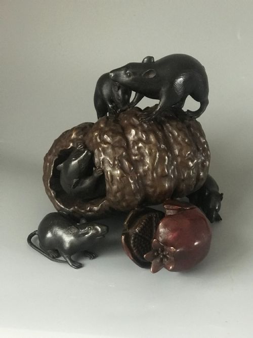 large antique japanese bronze okimono of rats - CATEGORY: ANTIQUE METAL - DATED 1920