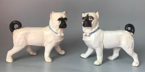 pair continental porcelain pug dogs - CATEGORY: ANTIQUE CERAMICS - DATED 1890