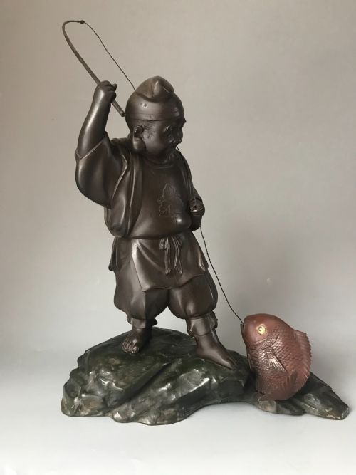 large japanese bronze okimono of ebisu - CATEGORY: ANTIQUE SCULPTURES - DATED 1910