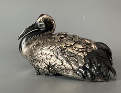 Japanese Silver Crane Form Koro.