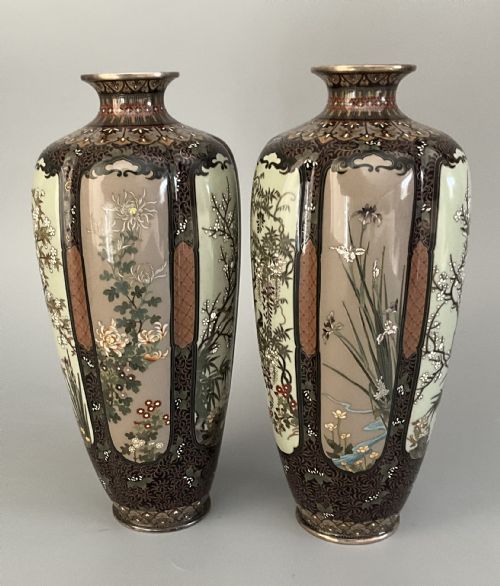 PAIR JAPANESE CLOISONNE VASES ATTRIBUTED TO HAYASHI - ADDITIONAL PHOTO 6