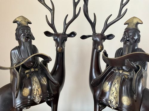 LARGE PAIR CHINESE BRONZE CENSORS OF SHOU LI - ADDITIONAL PHOTO 3