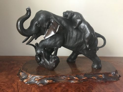 japanese bronze of an elephant and tigers - CATEGORY: ANTIQUE SCULPTURES - DATED 1890