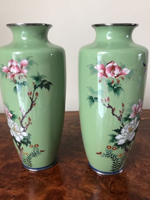 PAIR SILVER WIRE JAPANESE CLOISONNE VASES - ADDITIONAL PHOTO 5