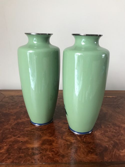 PAIR SILVER WIRE JAPANESE CLOISONNE VASES - ADDITIONAL PHOTO 4
