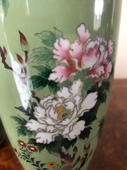 PAIR SILVER WIRE JAPANESE CLOISONNE VASES - ADDITIONAL PHOTO 2