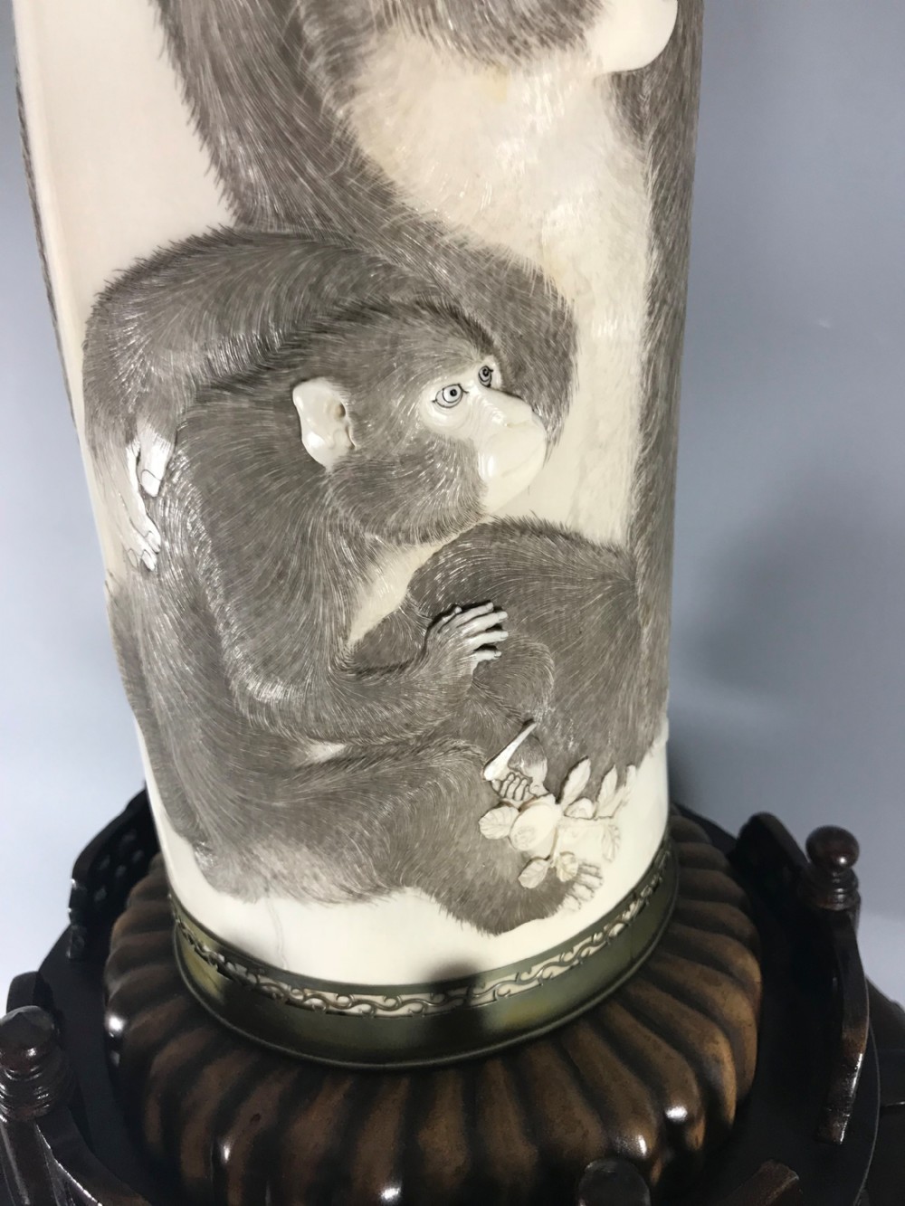 HUGE ANTIQUE JAPANESE IVORY VASE ON STAND View III