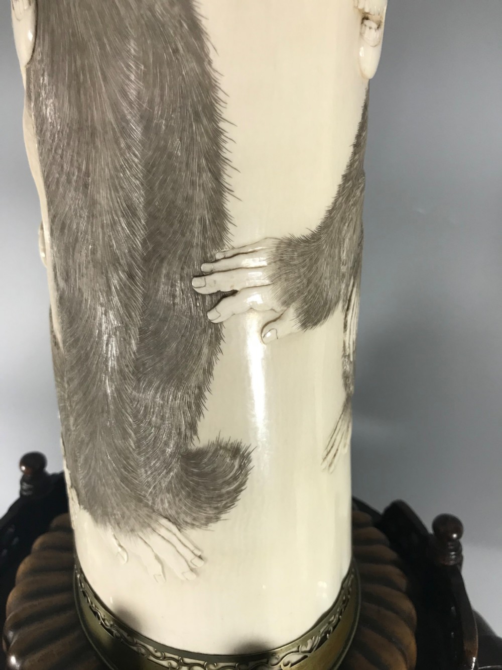 HUGE ANTIQUE JAPANESE IVORY VASE ON STAND View V