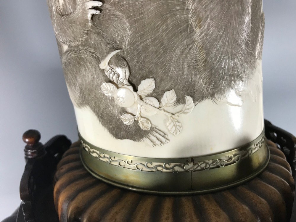 HUGE ANTIQUE JAPANESE IVORY VASE ON STAND View VII