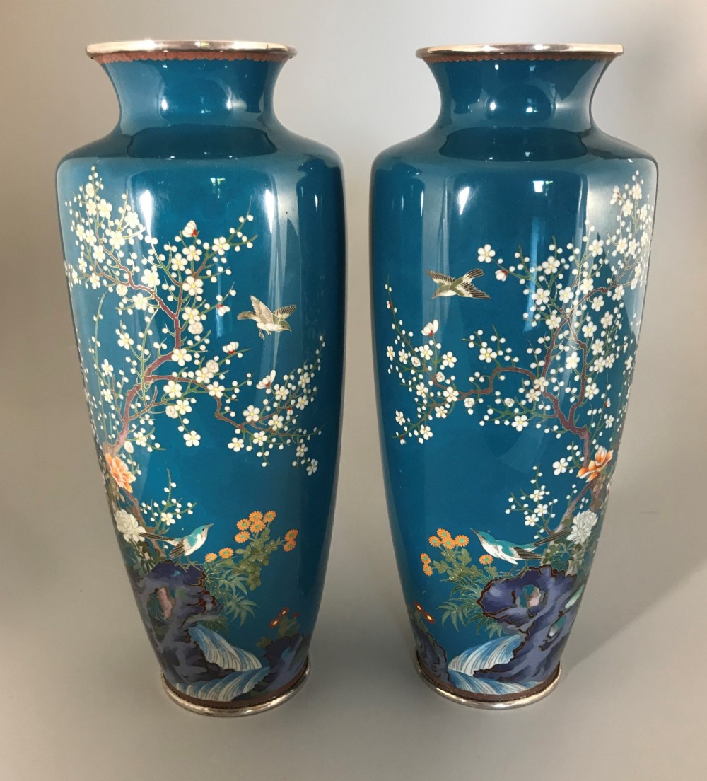Pair of Silver wire Cloisonne vases .