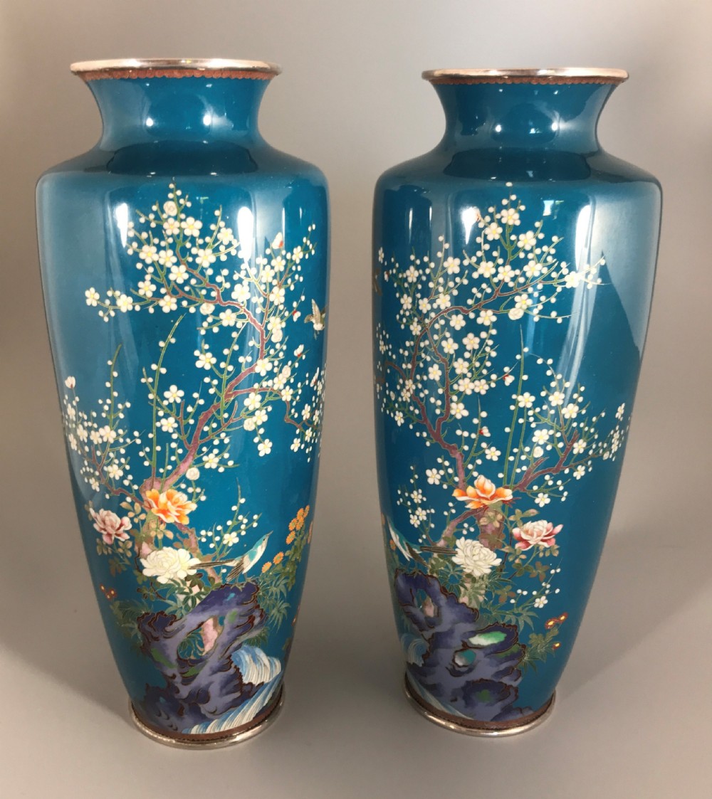 Pair of Silver wire Cloisonne vases . View III