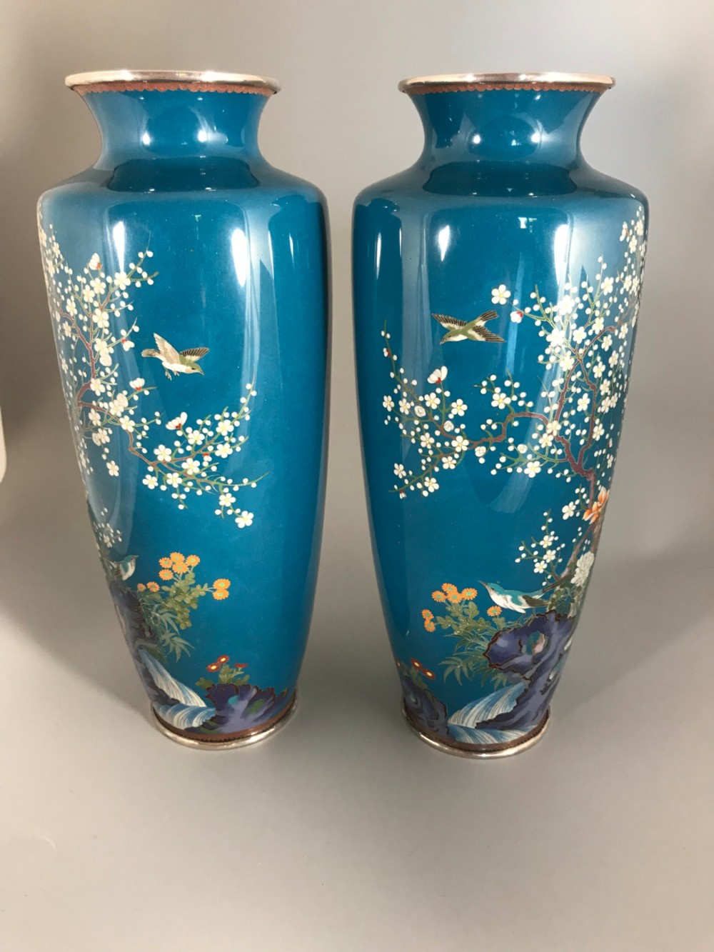 Pair of Silver wire Cloisonne vases . View V