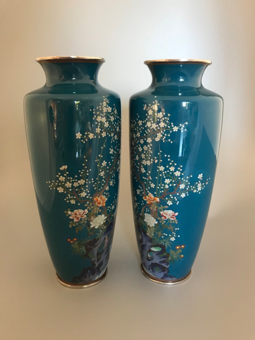 Pair of Silver wire Cloisonne vases . View VII