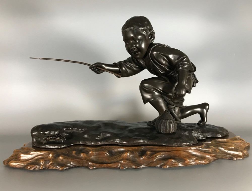 JAPANESE BRONZE OF BOY CRAB FISHING