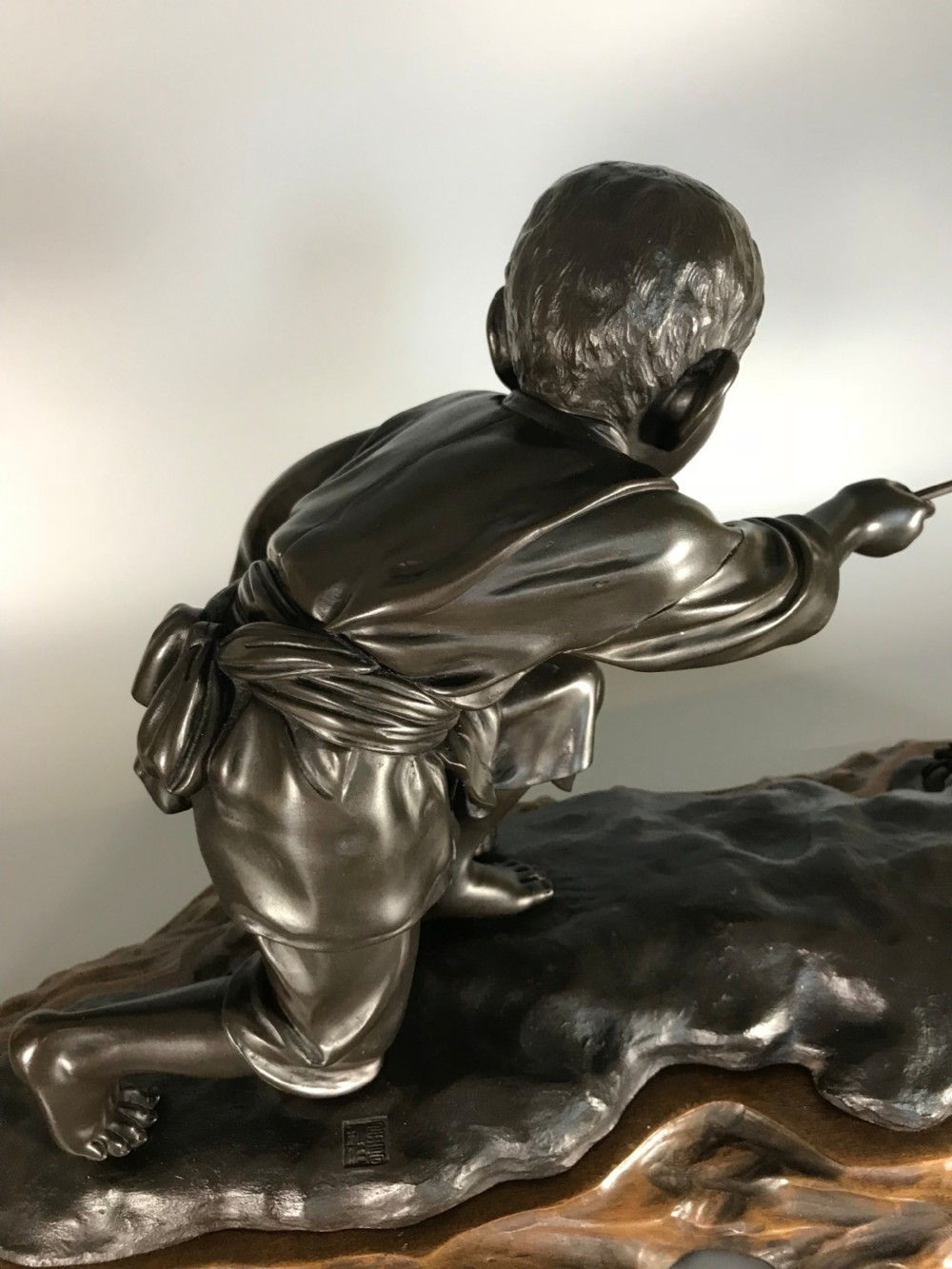 JAPANESE BRONZE OF BOY CRAB FISHING View VI