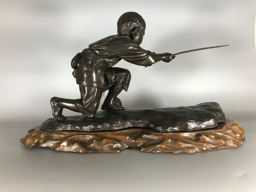 JAPANESE BRONZE OF BOY CRAB FISHING View VIII