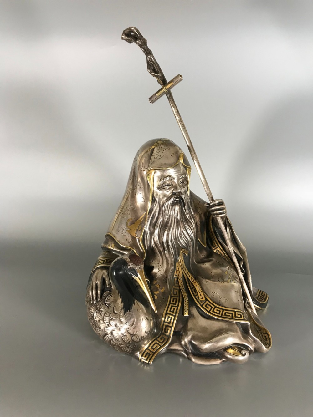 ANTIQUE JAPANESE SILVER FIGURE of JUROJIN View II
