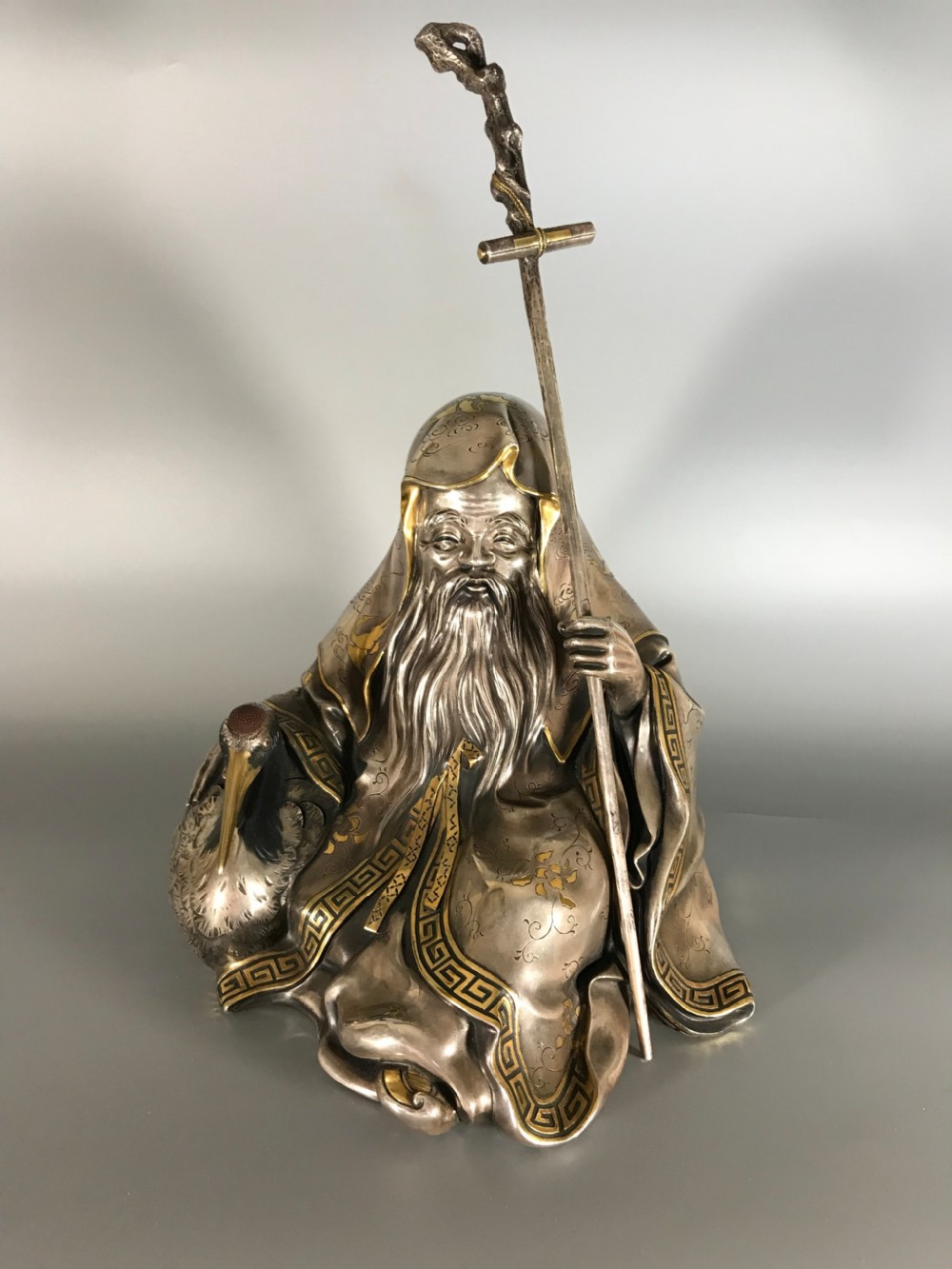 ANTIQUE JAPANESE SILVER FIGURE of JUROJIN View X
