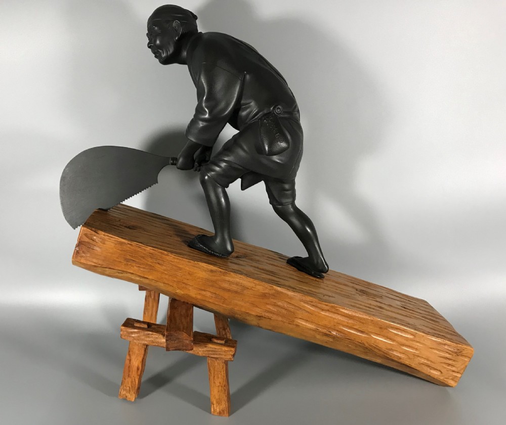 LARGE JAPANESE BRONZE AND WOOD OKIMONO of CARPENTER
