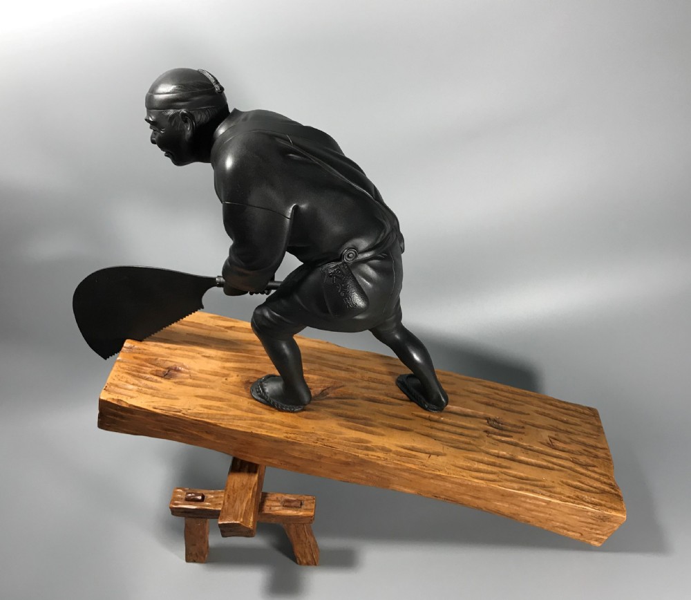 LARGE JAPANESE BRONZE AND WOOD OKIMONO of CARPENTER View III