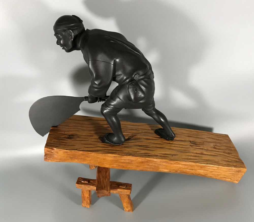 LARGE JAPANESE BRONZE AND WOOD OKIMONO of CARPENTER View XI