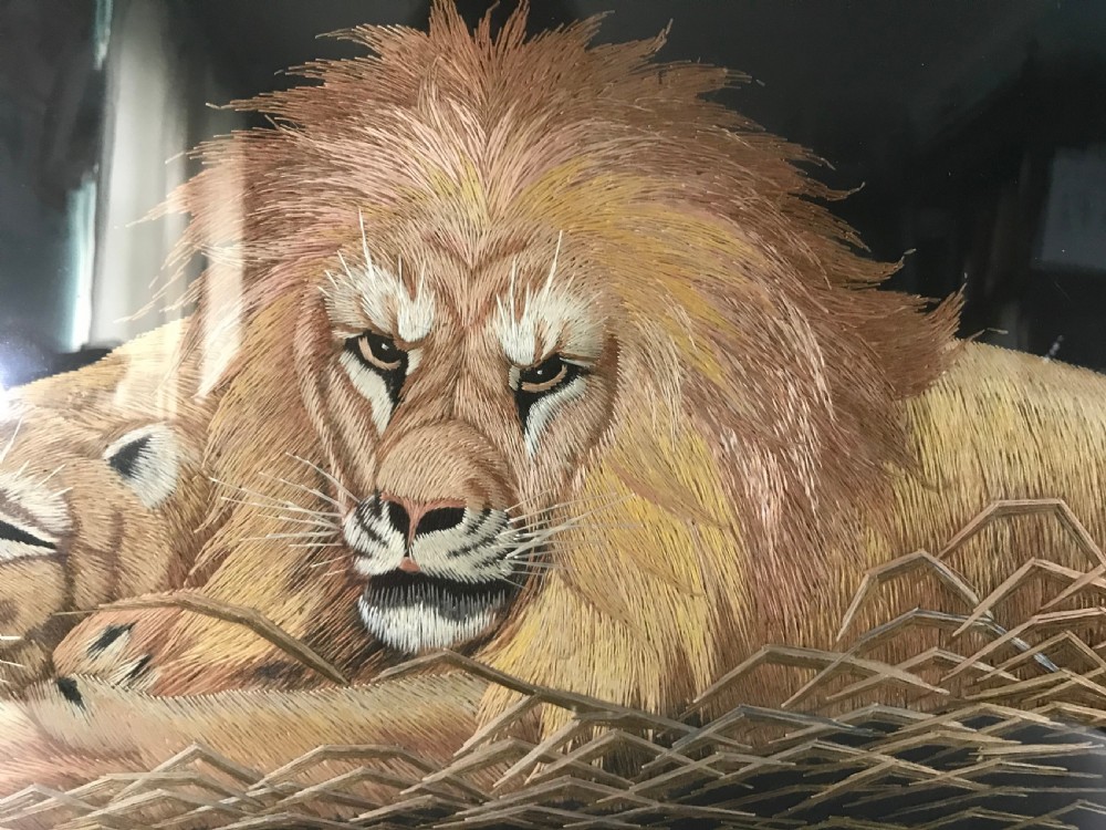 Antique Japanese silk work of Lion and Lioness. View IV