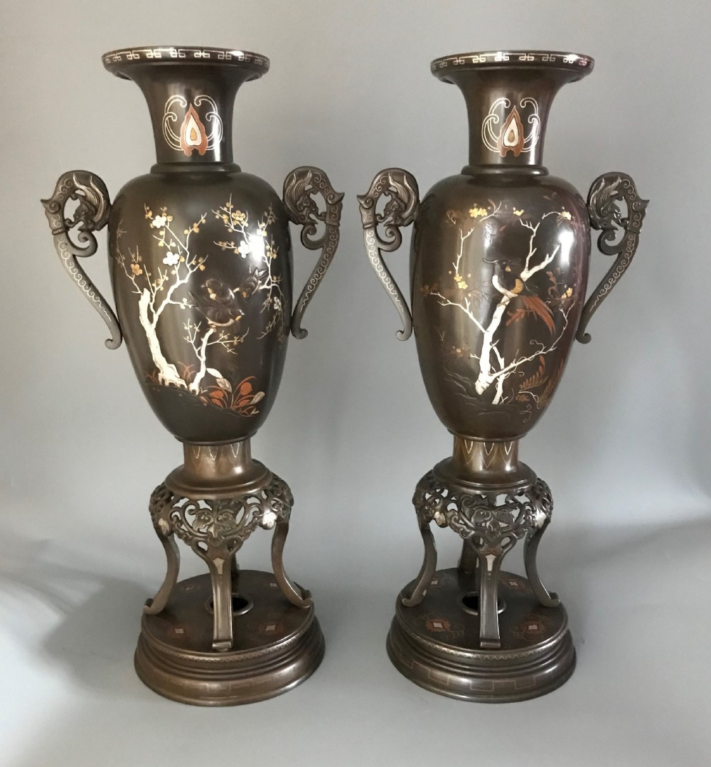 Large PAIR JAPANESE INLAID BRONZE VASES.