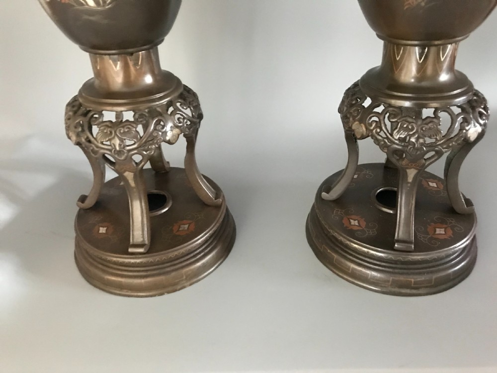 Large PAIR JAPANESE INLAID BRONZE VASES. View IV