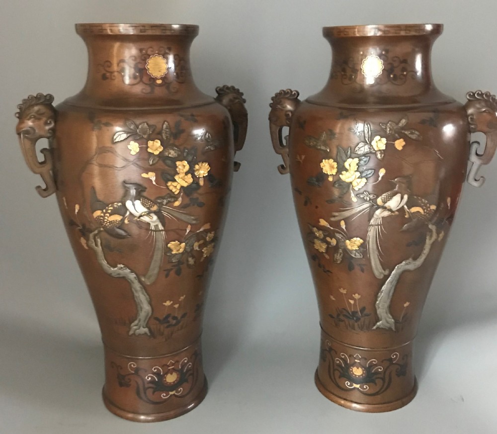 Very large pair antique Japanese inlaid bronze vases.