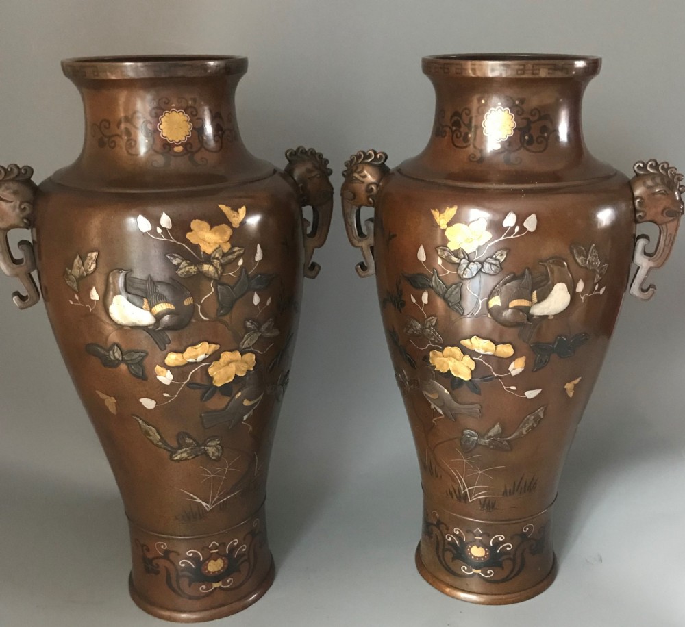 Very large pair antique Japanese inlaid bronze vases. View IV