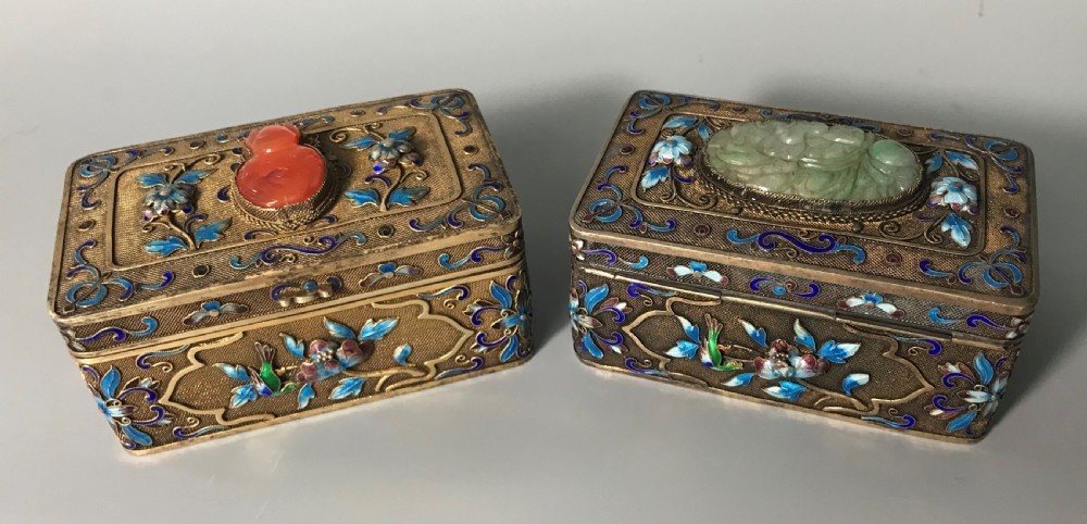 Chinese silver, enamel and hardstone boxes.