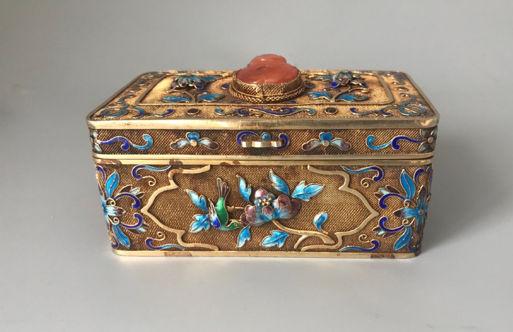 Chinese hardstone and enamel mounted silver box.